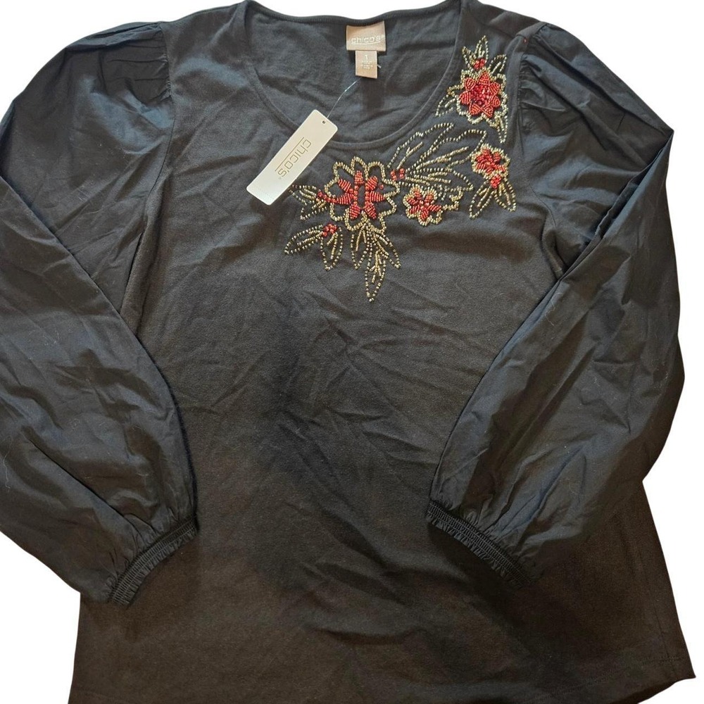 Chicos Black Floral Beaded Embroidered Puff Sleeve Knit Top Size 1 Medium NWT